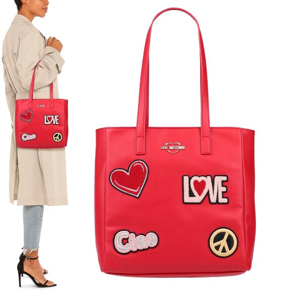 LOVE MOSCHINO BAG RED ECO LEATHER CIAO LOVE PATCH APPLIQUE TOTE - Picture 1 of 16